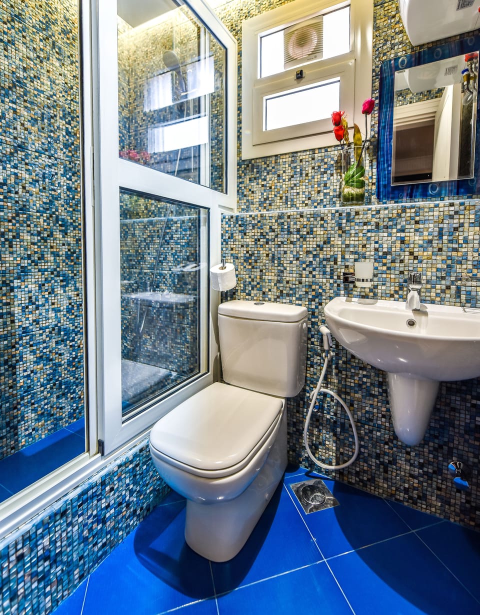 Separate tub and shower, rainfall showerhead, free toiletries