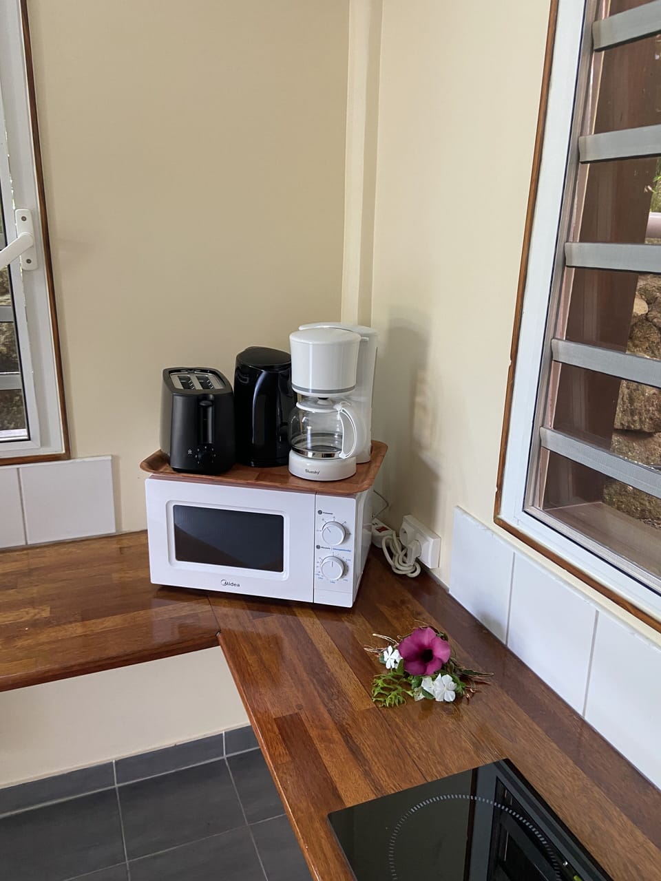 Family Studio, Private Bathroom, Garden View | Private kitchen | Mini-fridge, coffee/tea maker, electric kettle, highchair