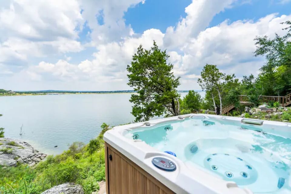 Hot tub is kept warm all winter for you.