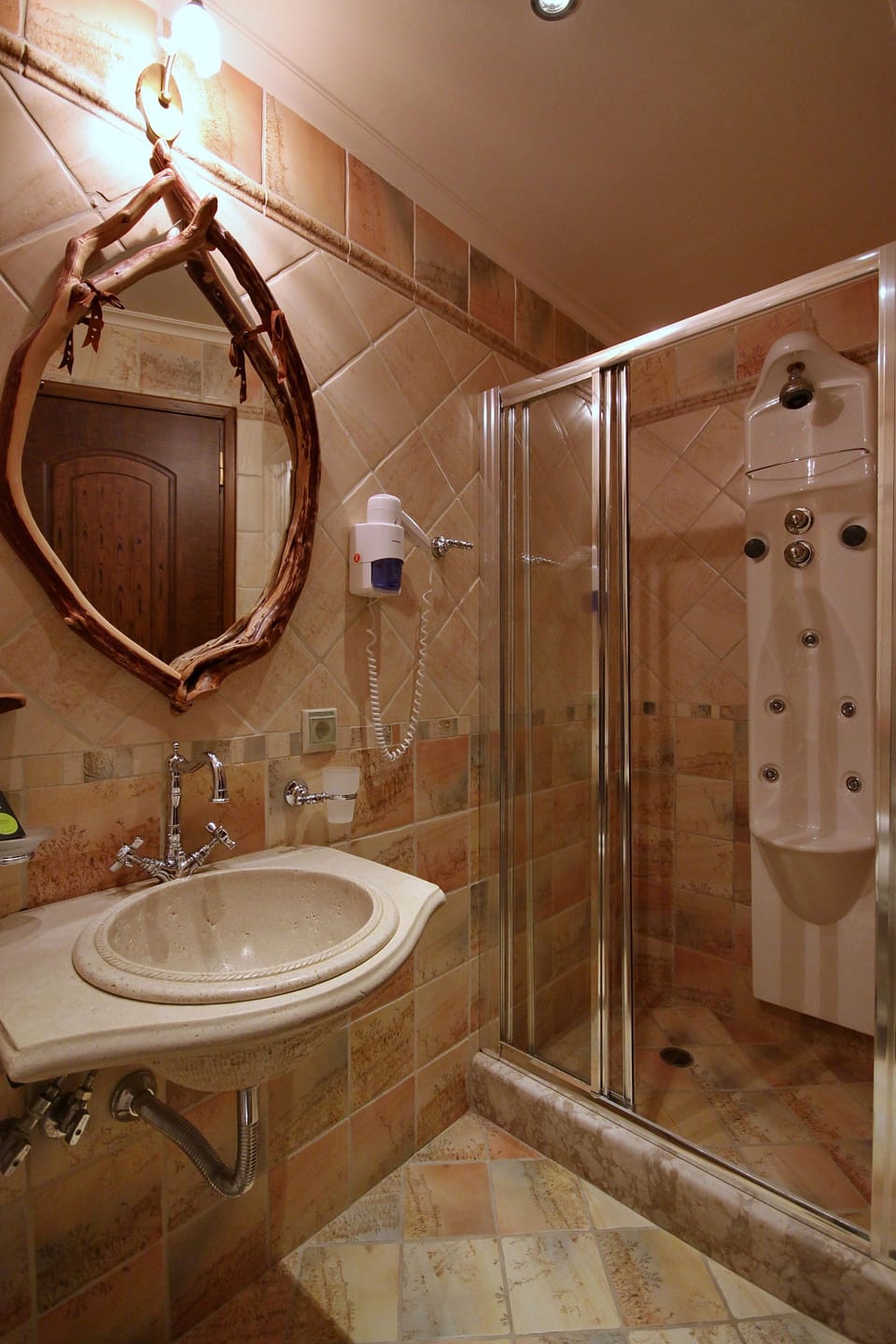 Shower, hydromassage showerhead, designer toiletries, hair dryer