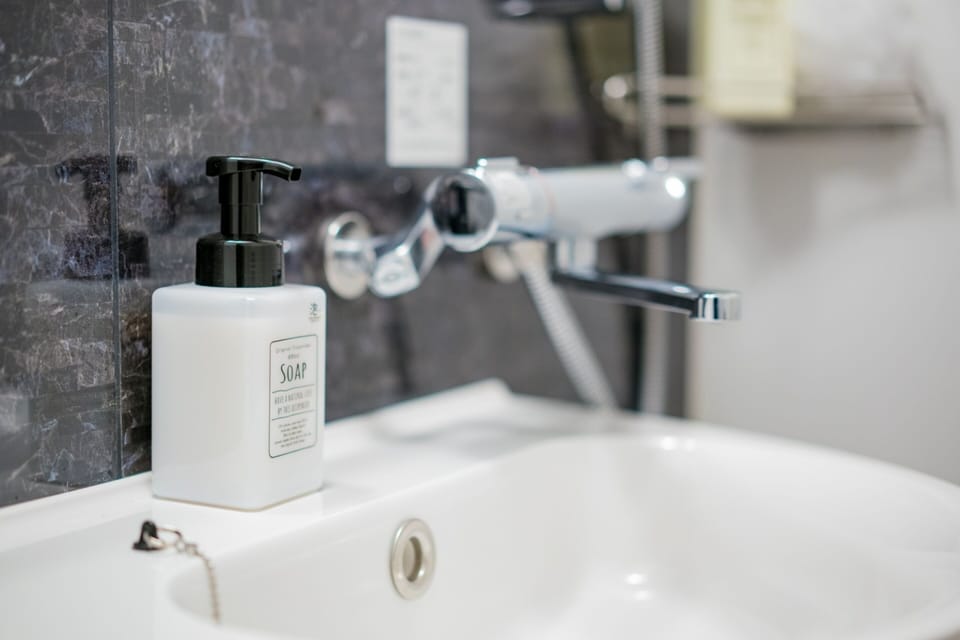 Combined shower/tub, free toiletries, hair dryer, slippers