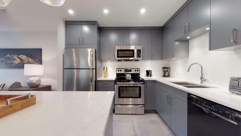Stainless steel appliances throughout the kitchen