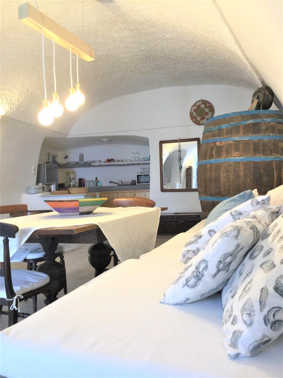 The living room (old winery) and the kitchen