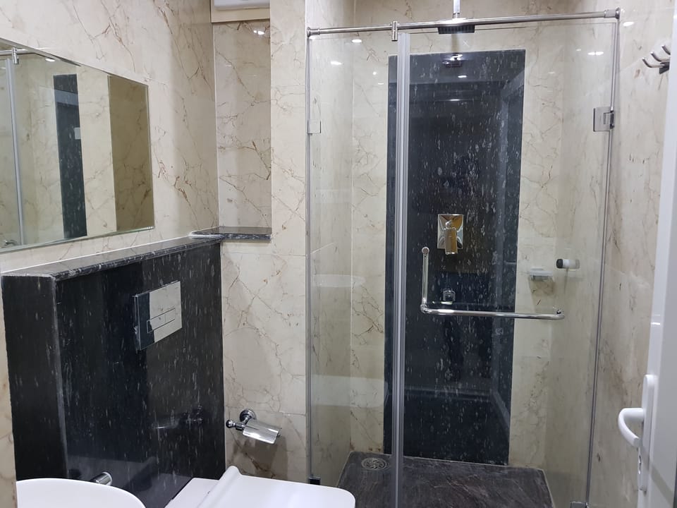 Shower, free toiletries, hair dryer, towels