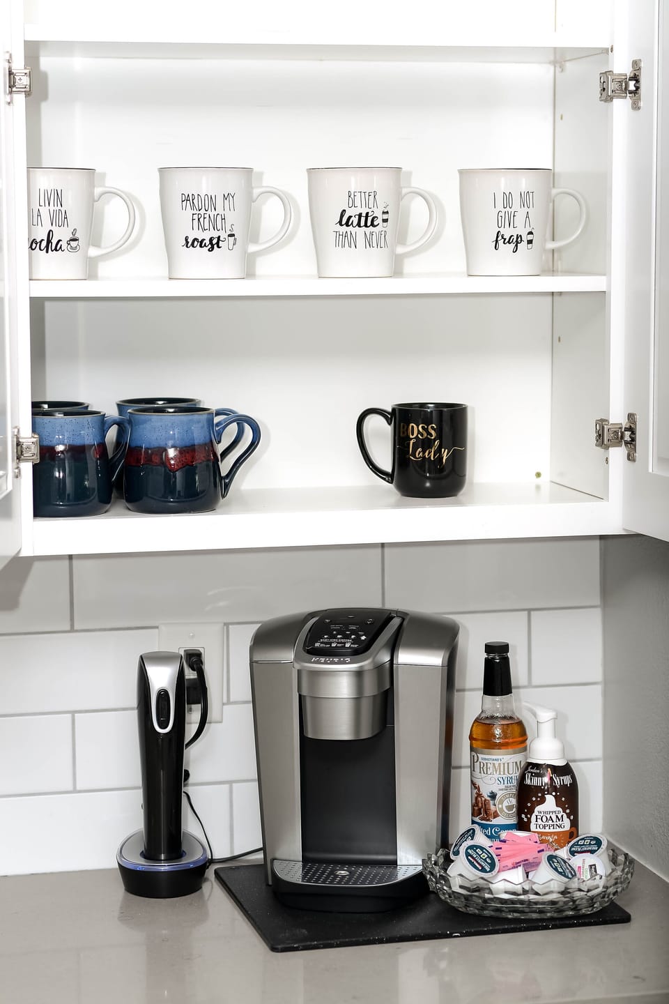 Coffee corner stocked with all essentials—plus a wine opener