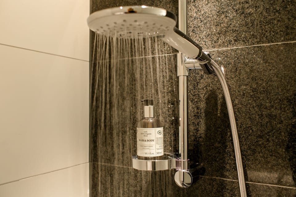 Shower, rainfall showerhead, hair dryer, towels