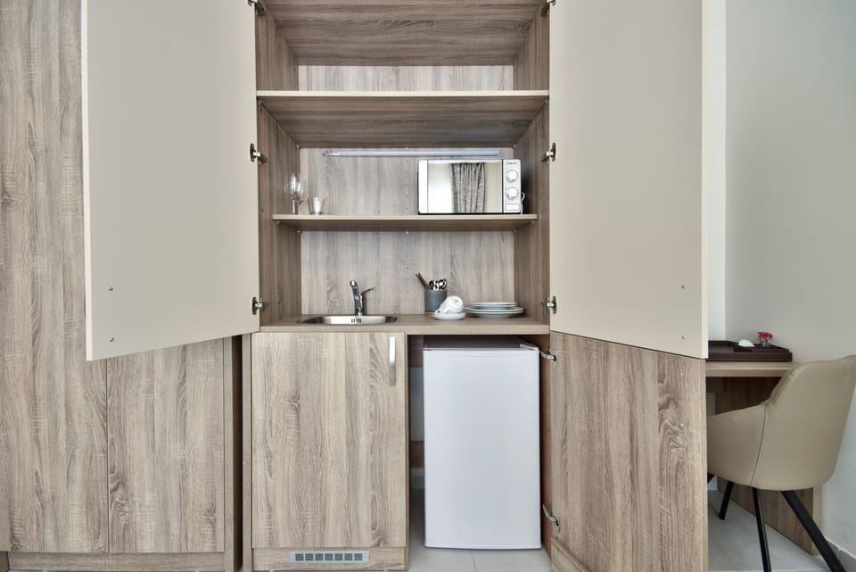 Fridge, microwave, electric kettle, cookware/dishes/utensils