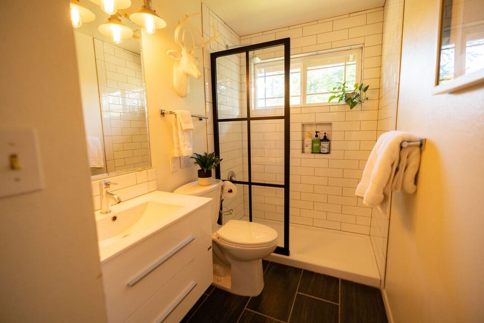 Bathroom 1: Main level full bath with a shower only. -Allafia  Shampoo and Conditioner and Everyone 3 in 1 Body Wash