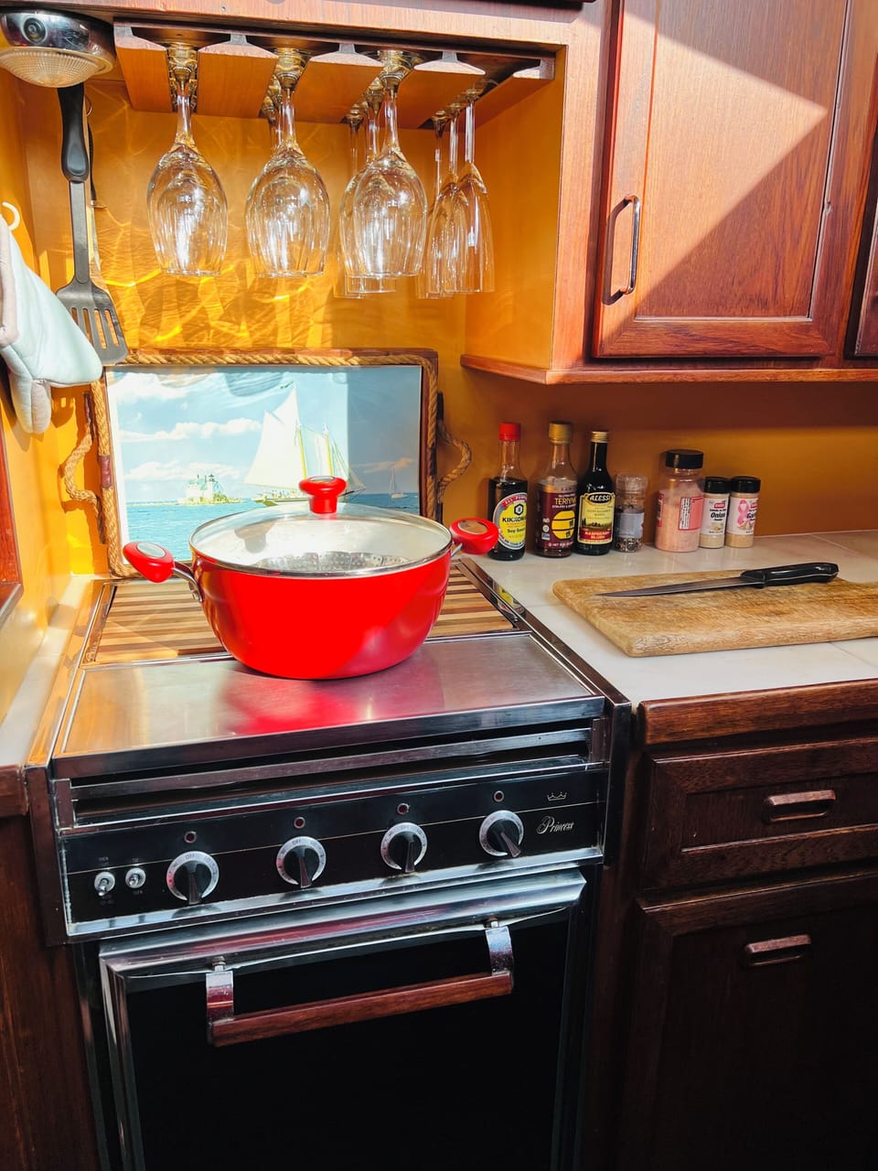 Galley equipped with electric stove, fridge, microwave, toaster, coffee maker