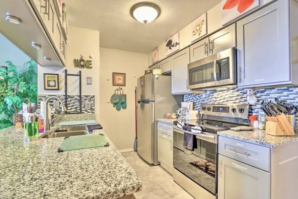 Kitchen fully equipped with new appliances, spices, detergents, paper towels 
