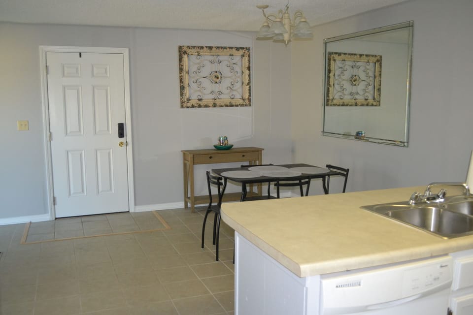 Kitchen open to dining area 