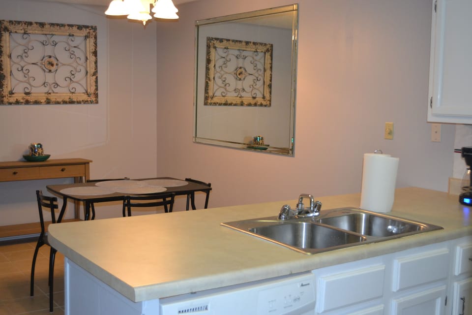 Kitchen open to dining area 