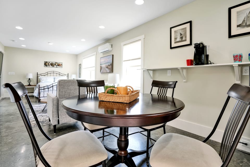 kitchenette/dining area on 1st floor, Keurig coffee maker, toaster, mini fridge