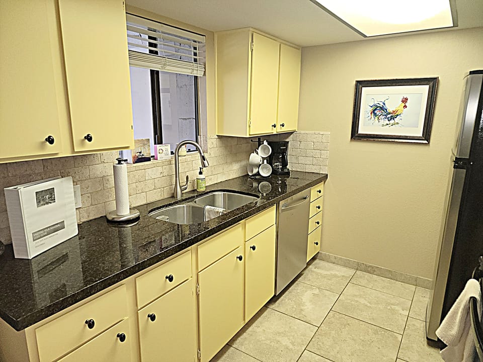 Fully equipped kitchen with kitchen/ice maker.