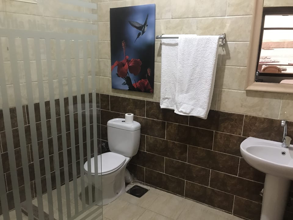 Shower, rainfall showerhead, hair dryer, towels