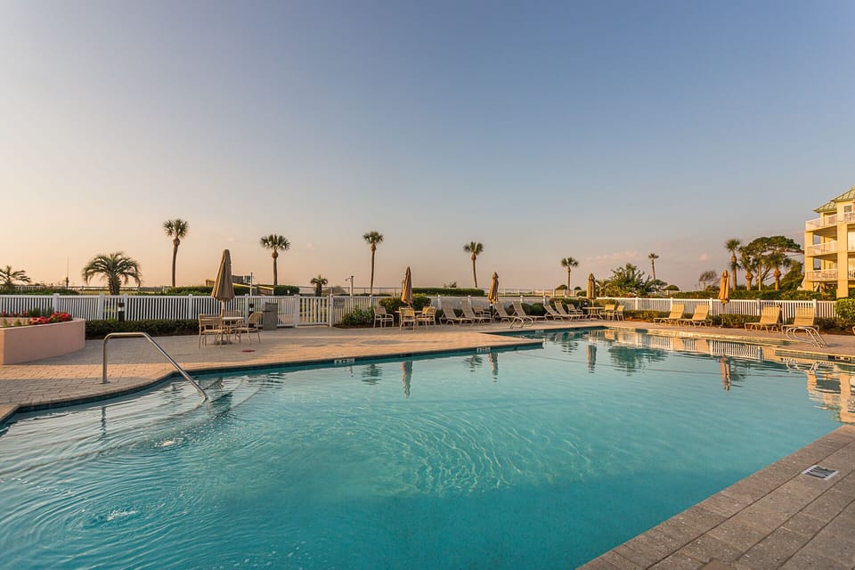 The pool is surrounded by palm trees and loungers.