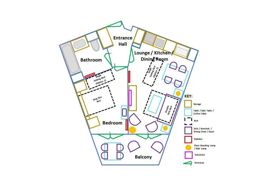 Floor plan of the apartment showing the options for where the single bed can go
