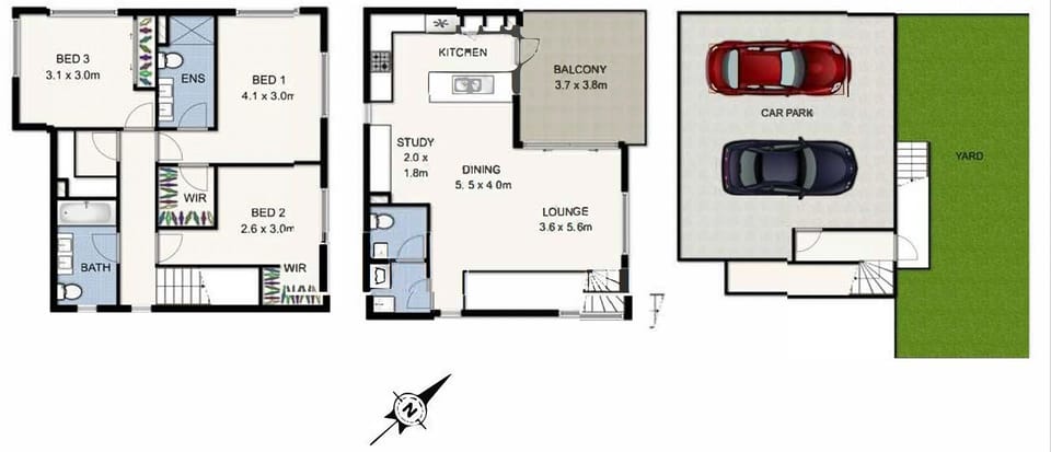 Split-level floor plan with 3 bedrooms, 2.5 bathrooms and parking.