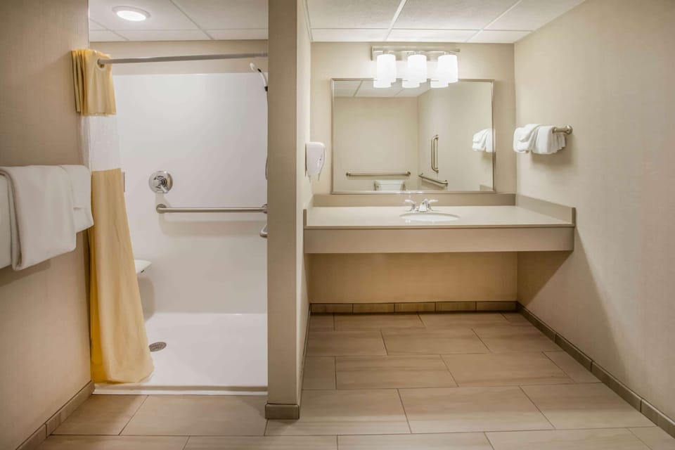 Combined shower/tub, hair dryer, towels