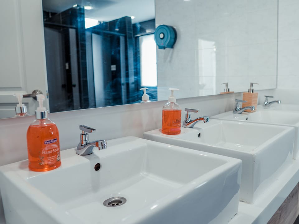 Shower, hair dryer, slippers, soap
