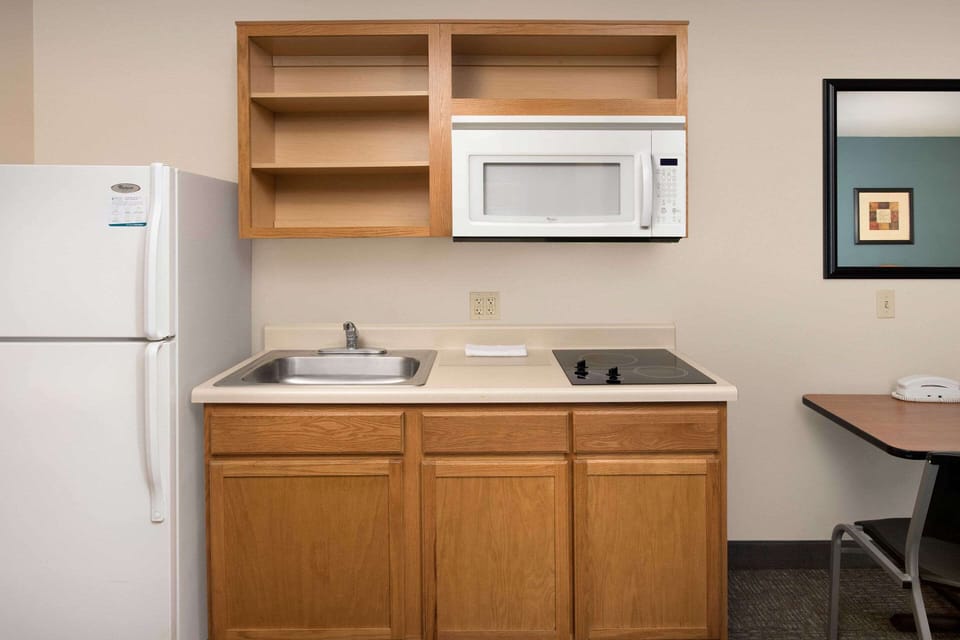 Full-size fridge, microwave, stovetop