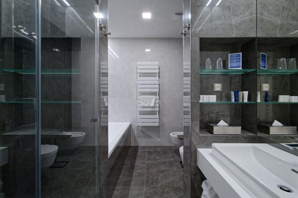 Superior Suite | Bathroom | Designer toiletries, hair dryer, bathrobes, slippers