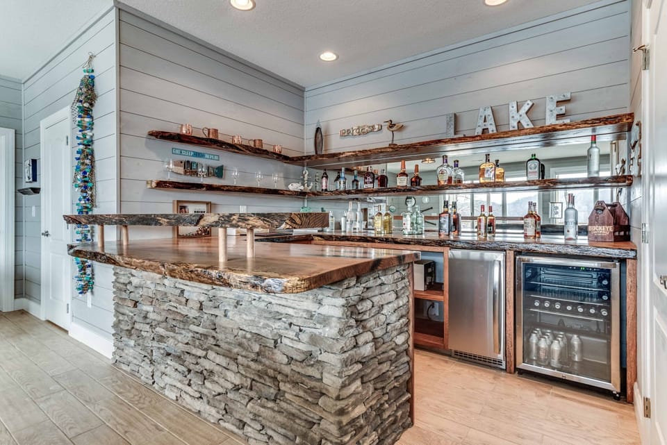 Lower level bar, with mini fridge and ice machine