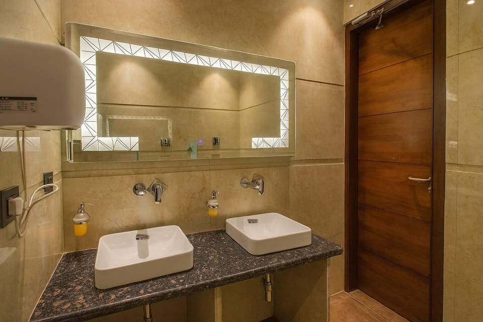 Shower, rainfall showerhead, towels, soap