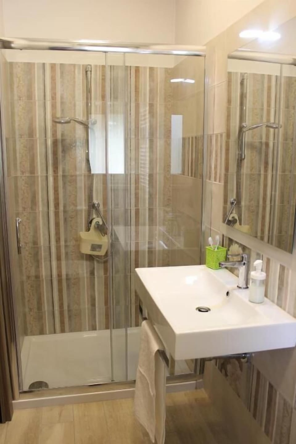 Shower, rainfall showerhead, hair dryer, bathrobes