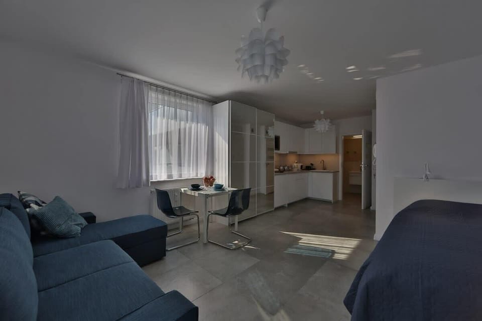 A stylish studio living area with a cozy sofa, a small dining table, and large windows that allow plenty of natural light, giving a bright and open feel.