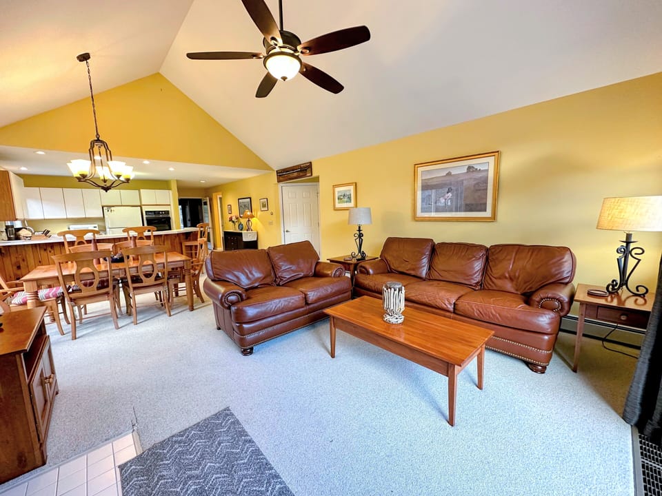 A sunny open concept space with dining table that seats 6 and comfortable, bright furniture that surrounds the wood-burning fireplace.