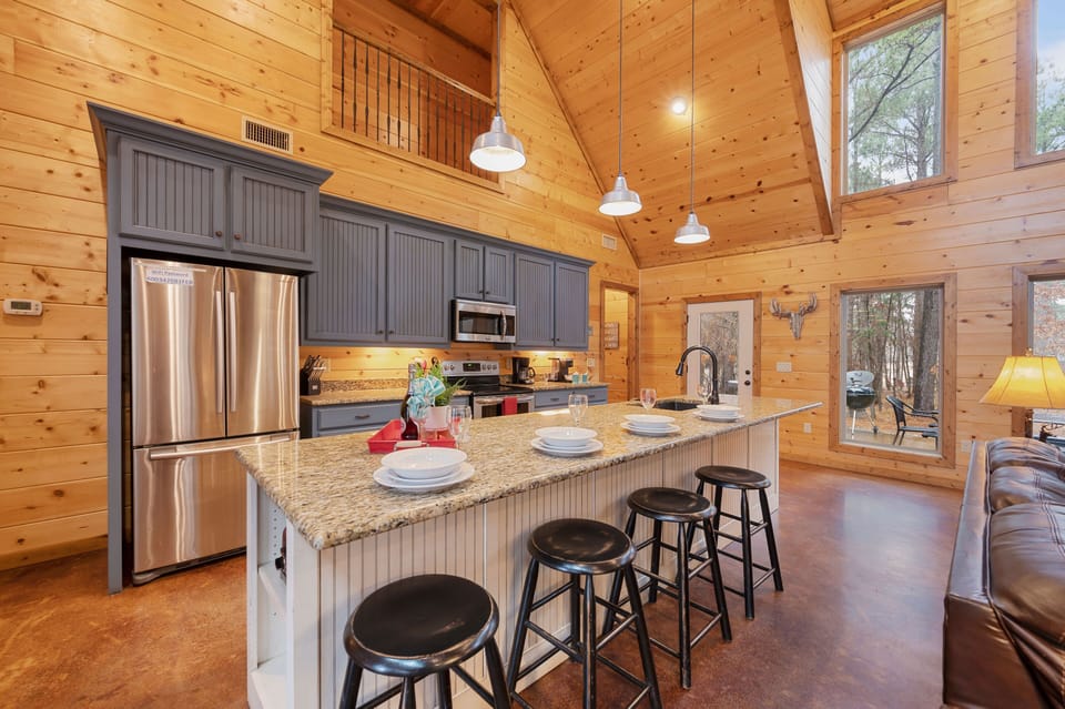 Bright, inviting kitchen with lodge-style charm and plenty of seating