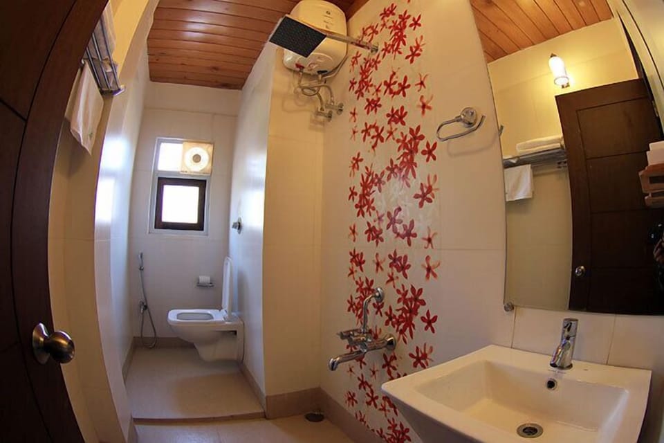 Deep soaking tub, hydromassage showerhead, free toiletries, towels
