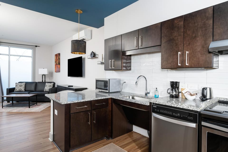 Modern kitchen with sleek dark cabinetry and stainless steel appliances