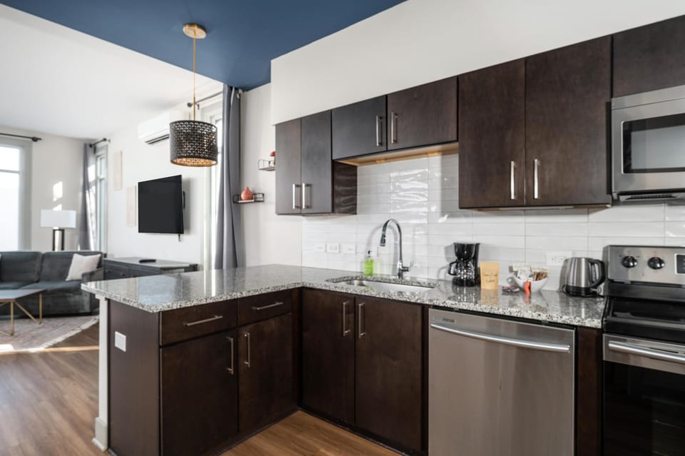 Modern kitchen with sleek dark cabinetry and stainless steel appliances