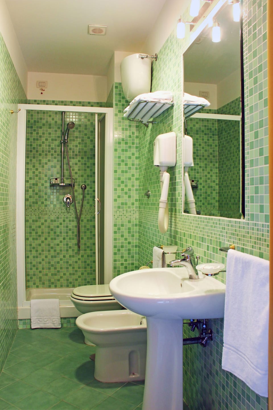 Shower, rainfall showerhead, hair dryer, slippers
