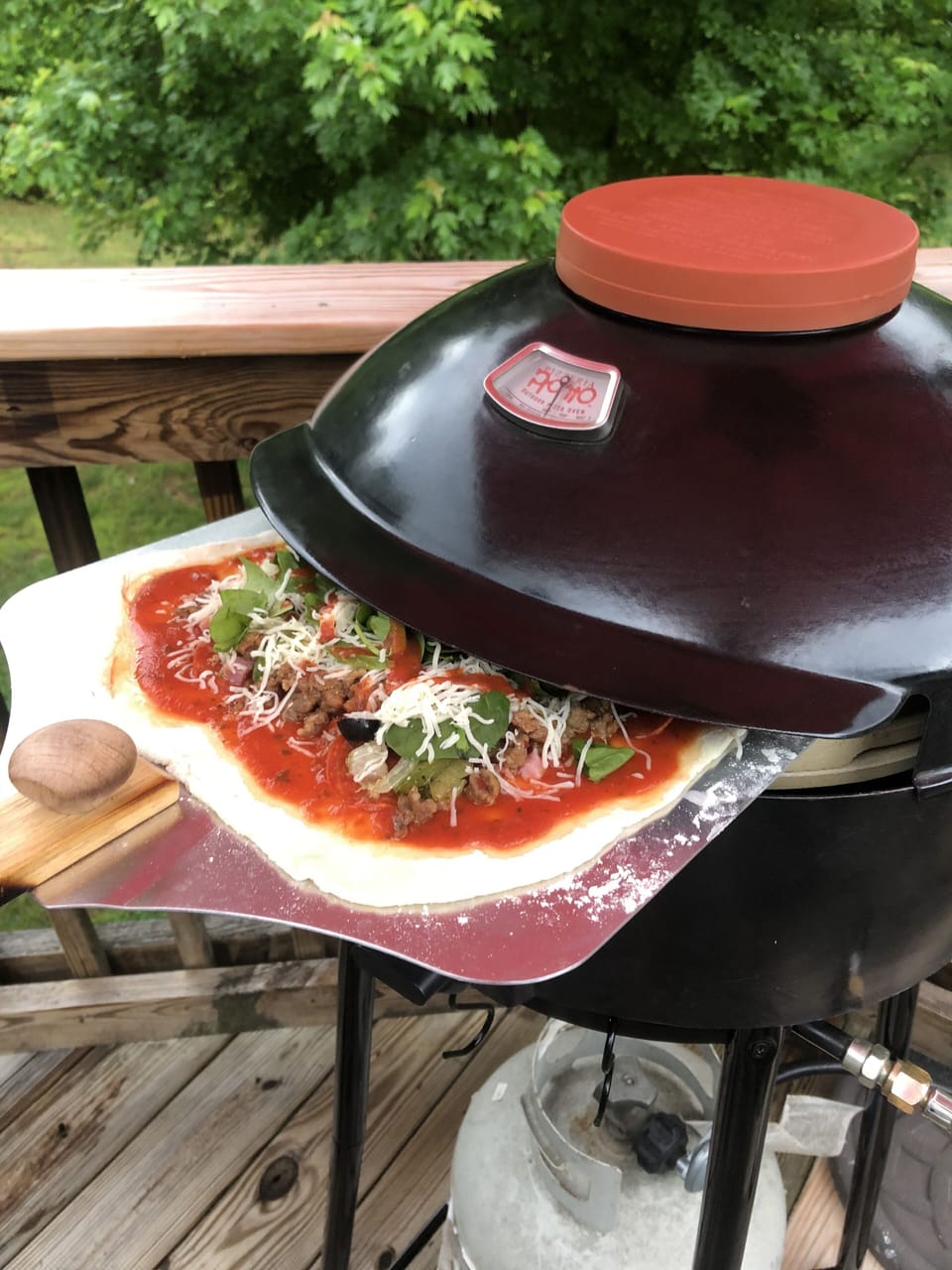Pronto Pizza outdoor oven is kept in the garage as the wind blows it over.  
