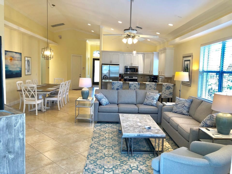 Main living area. All new Summer 2019 furniture in a modern coastal theme
