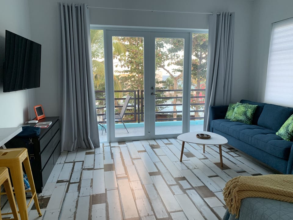 Living area with mounted television