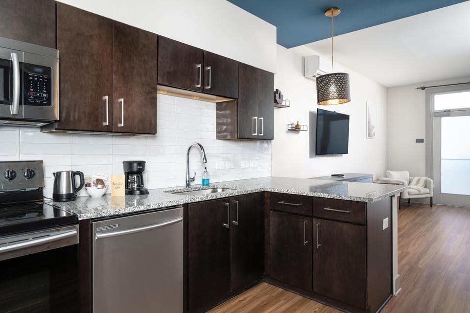 Modern kitchen with sleek dark cabinetry and stainless steel appliances