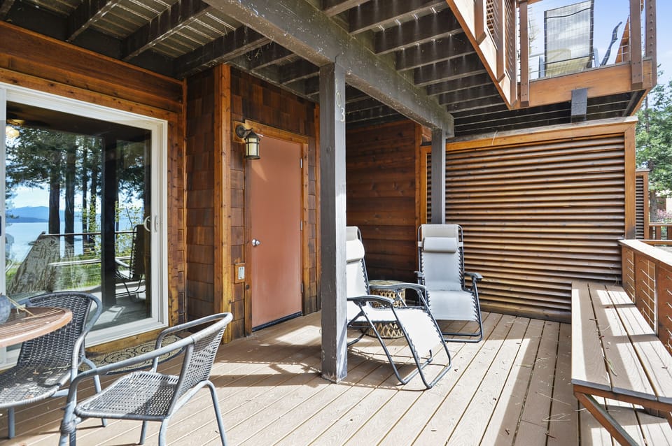 Outside sitting area at the bottom deck overlooking beautiful Lake Tahoe!