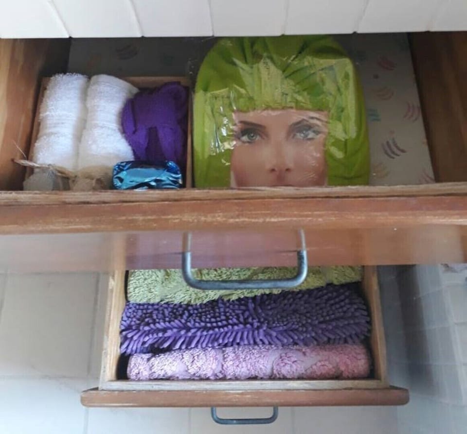 Ladies, for your convenience, towel cap for your hair.
Place wet mat by hallway 