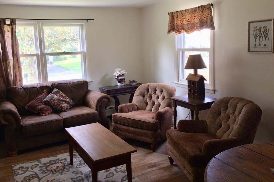 Living room with super comfy barrel chairs. 