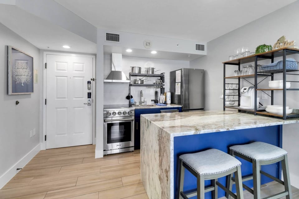 The eating bar is a great spot to catch a quick meal or chat with the cook.