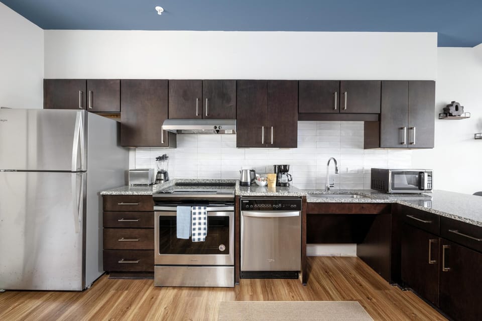 Modern kitchen with sleek dark cabinets and stainless steel appliances