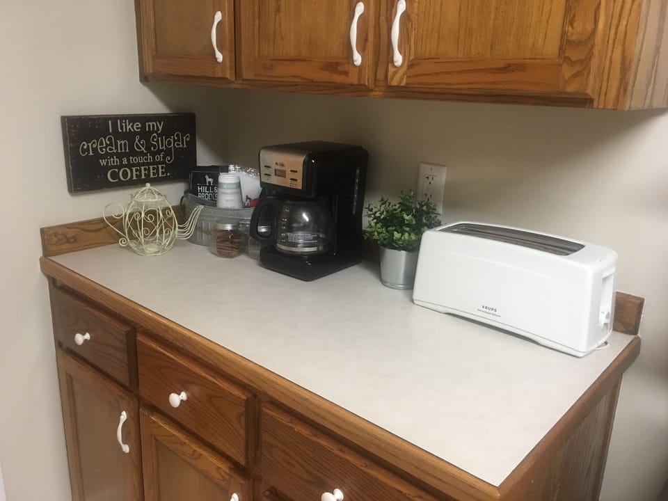 coffee, hot tea, filters, powdered creamer, sugar and artificial sweetener 