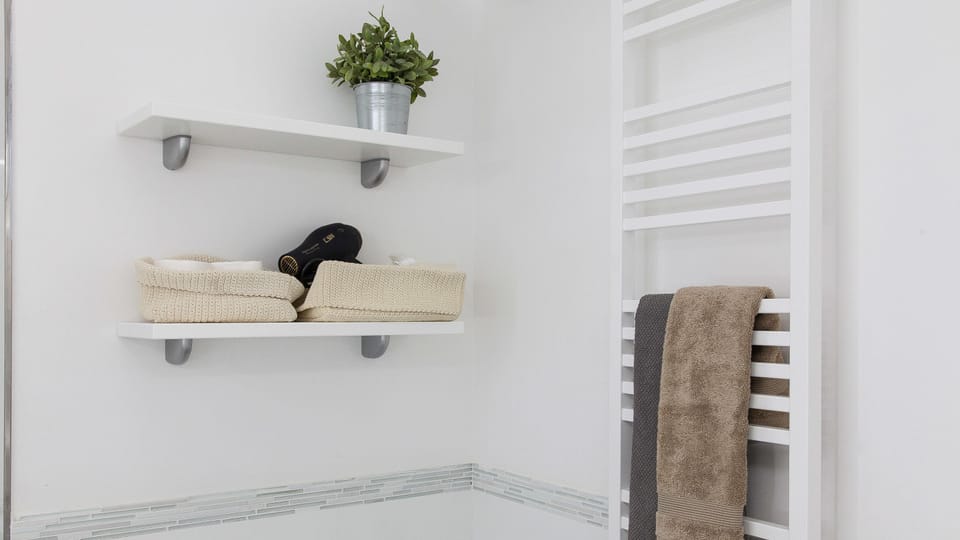 Hair dryer, bidet, towels, shampoo