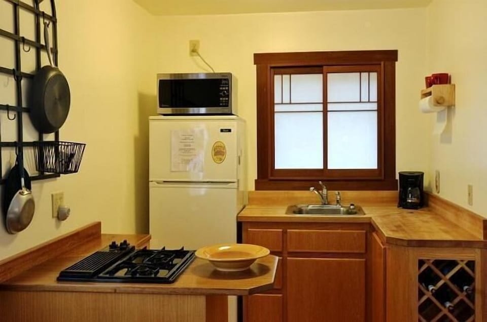 Kitchenette includes 2-burner gas stove, microwave, refrigerator & dishes