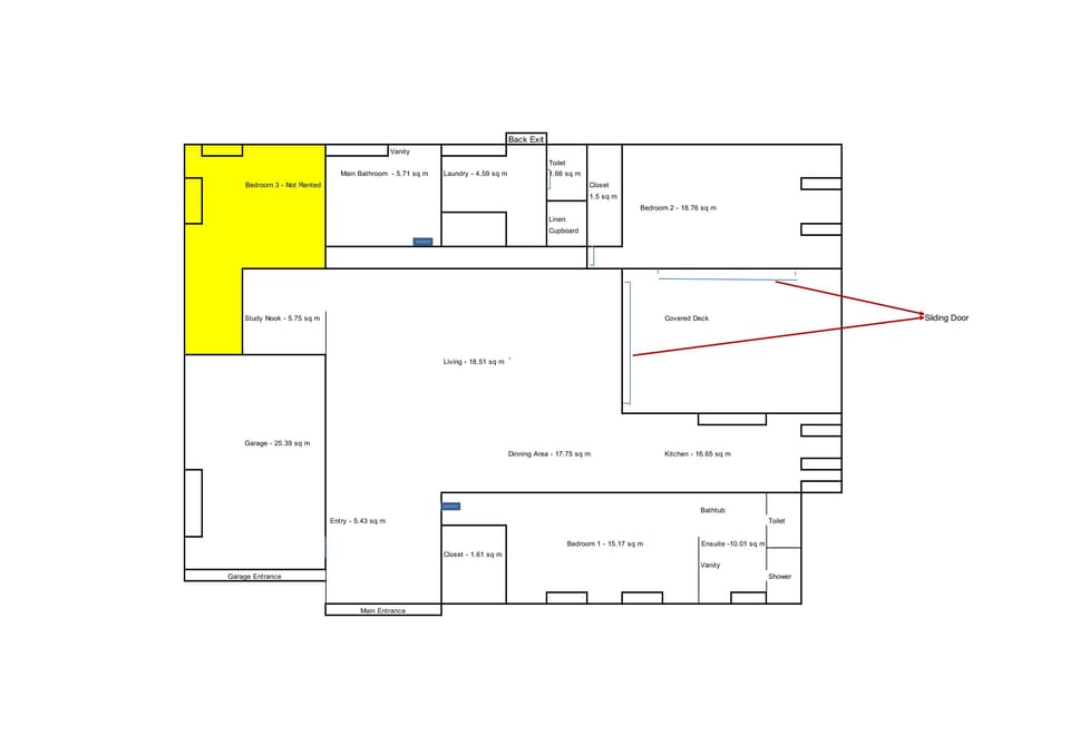 Floor Plan - The yellow shaded area is the only part not available to guests 