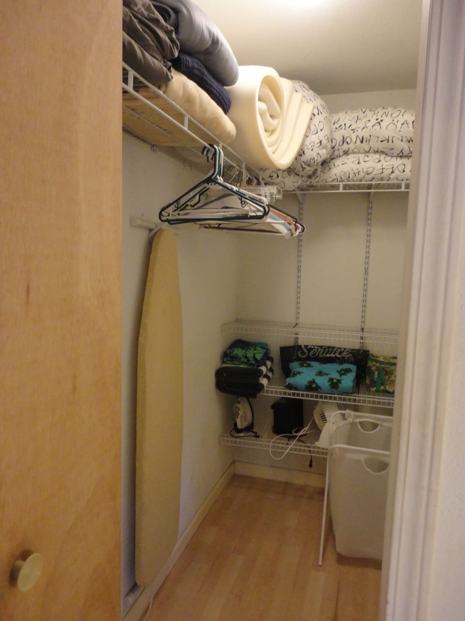 Full walk-in closet; iron/board, bed linens for sleeper sofa.